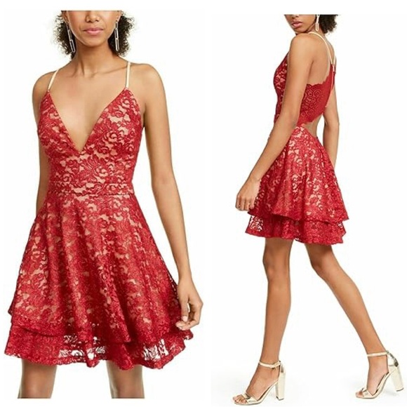 EMERALD SUNDAE Red Lace Racerback Fit & Flare Sparkly Dress Prom Cocktail Wmn S - Picture 16 of 16
